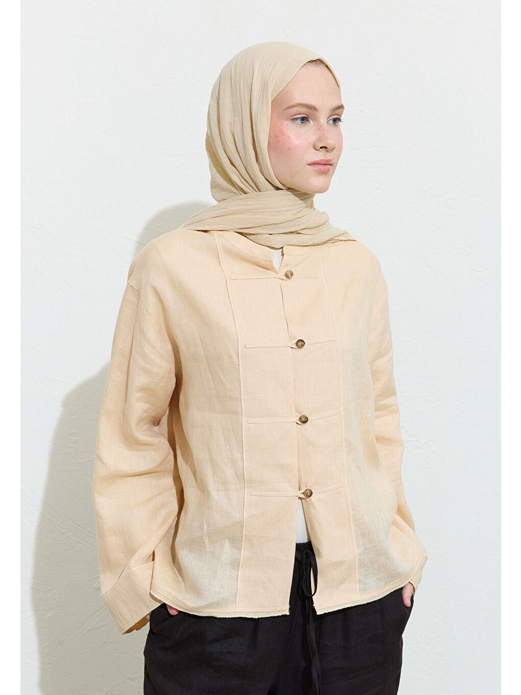 Bej PAMUKLU KETEN ŞAL OAT MILK LATTE