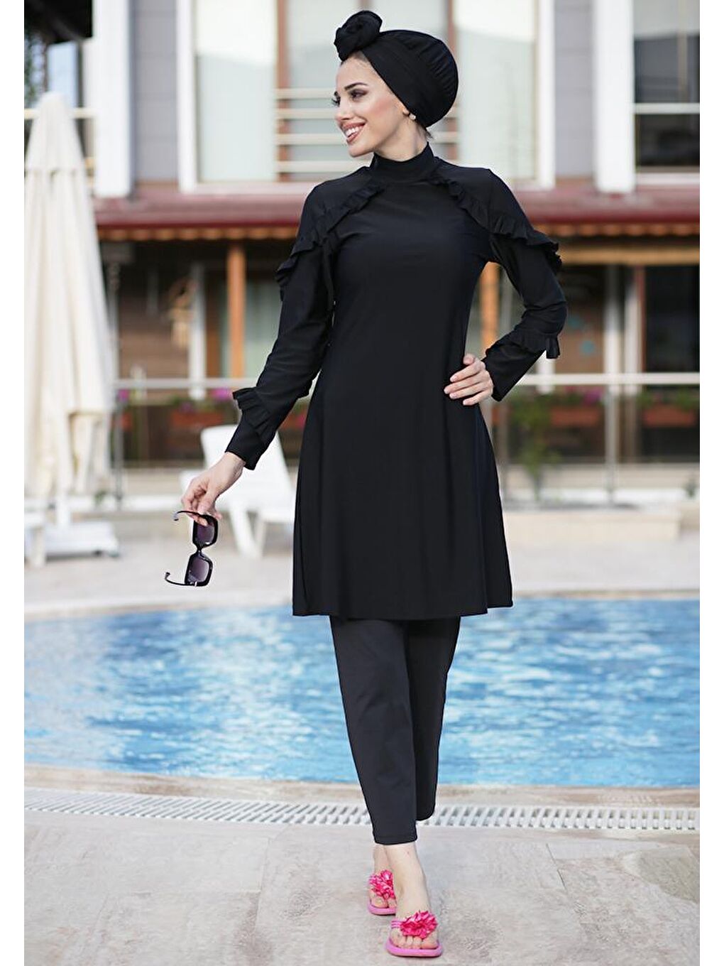 Fırfır Tasarım Likralı Tam Kapalı Tesettür Mayo 4104 Siyah-1