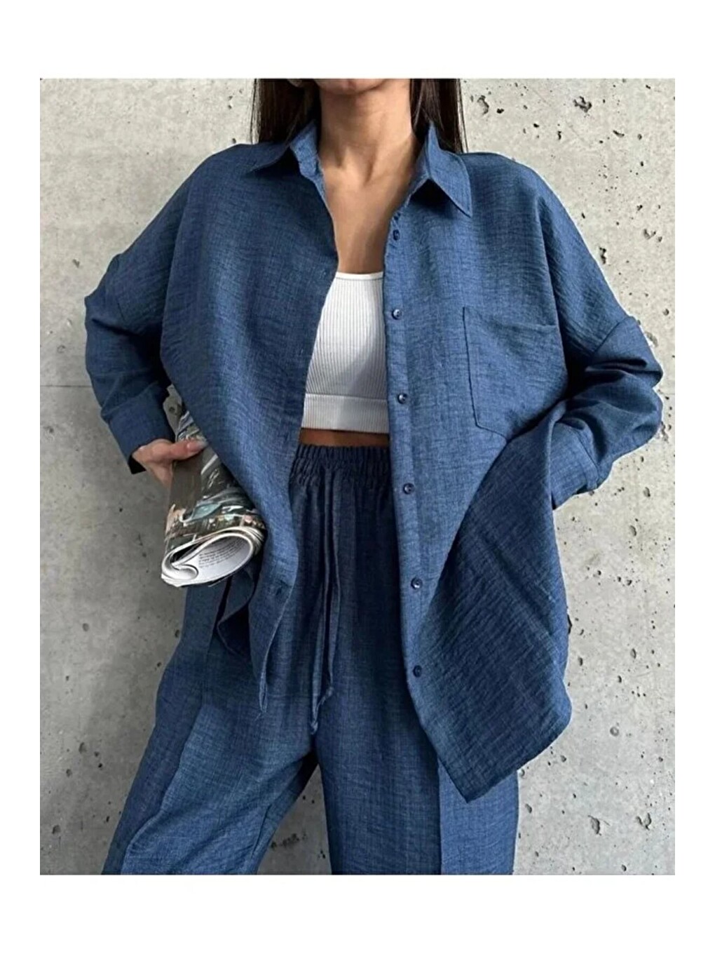Kadın Çift Cepli Oversize Gömlek Pantolon Takım – İndigo-2