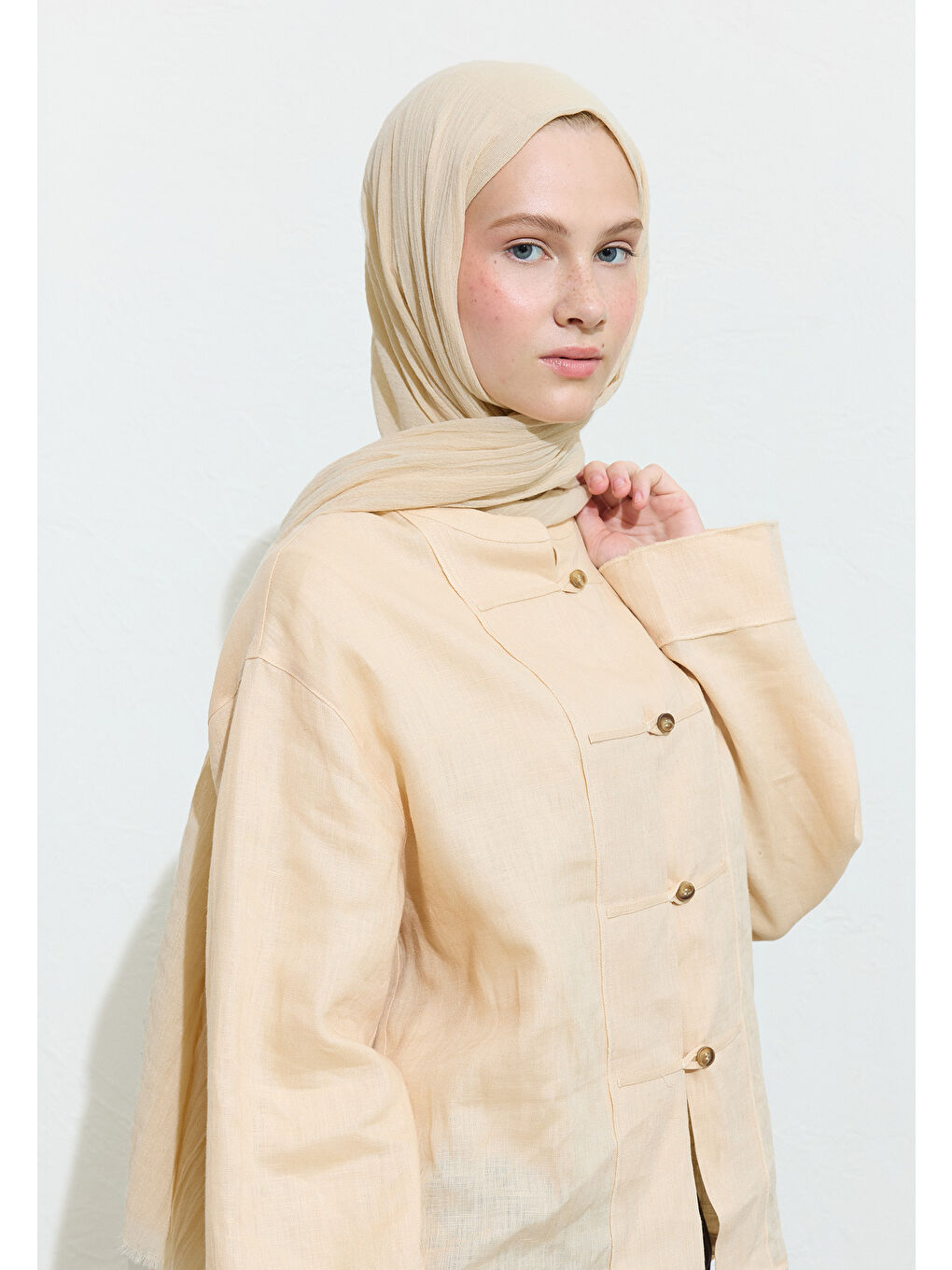 Bej PAMUKLU KETEN ŞAL OAT MILK LATTE-2