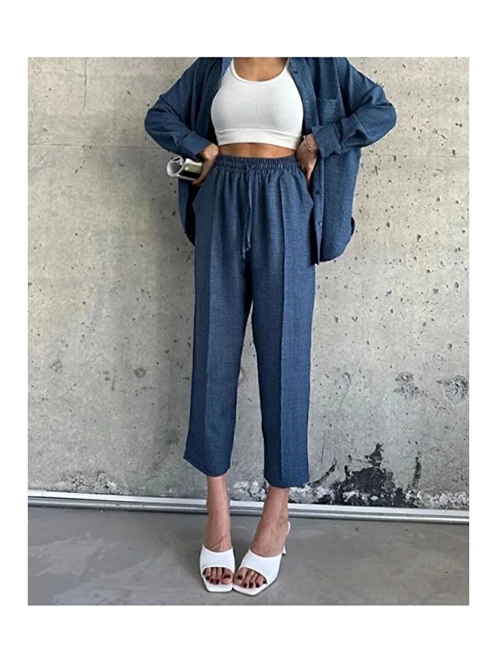 Kadın Çift Cepli Oversize Gömlek Pantolon Takım – İndigo-3