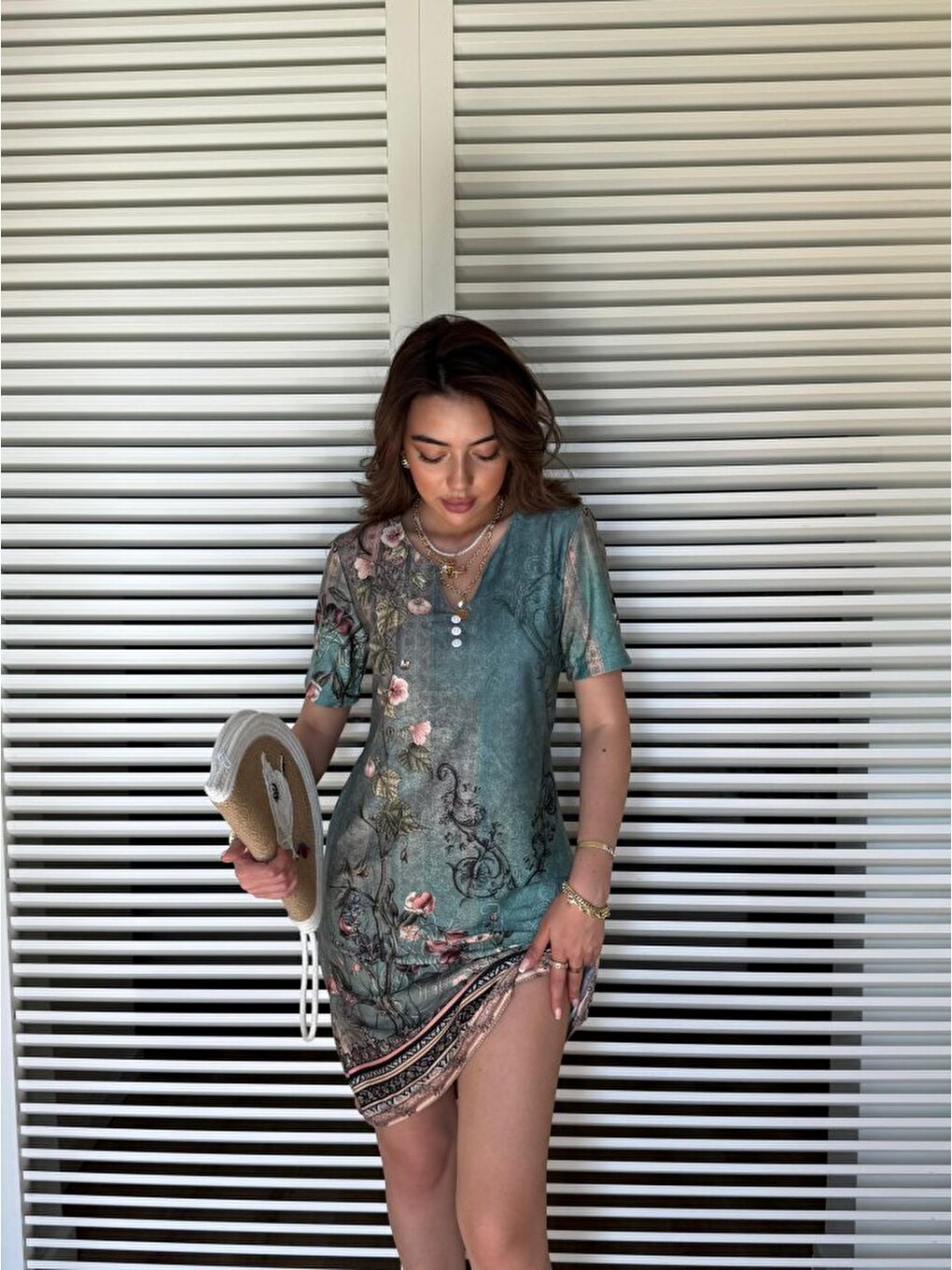 Yeşil Kadın Kısa Kollu V Yakalı çiçek Baskılı Midi Süprem Elbise