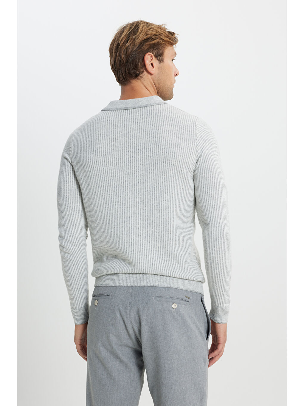 Erkek Gri Melanj Yünlü Sıcak Tutan Standart Fit Normal Kesim Çizgili Polo Yaka Triko Kazak-6