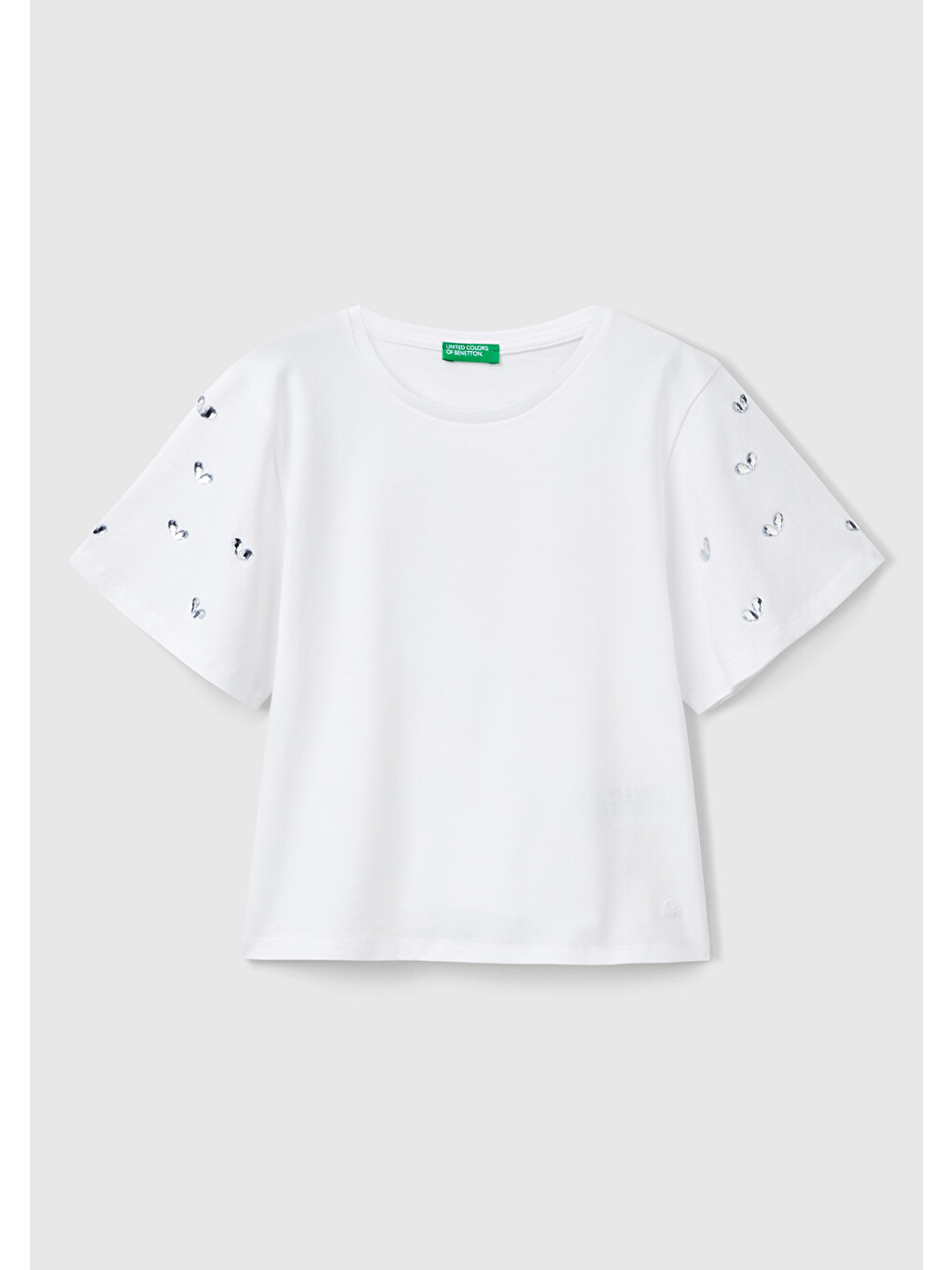 Kız Çocuk Beyaz Kolları Taş Detaylı Ribana Yakalı T-shirt