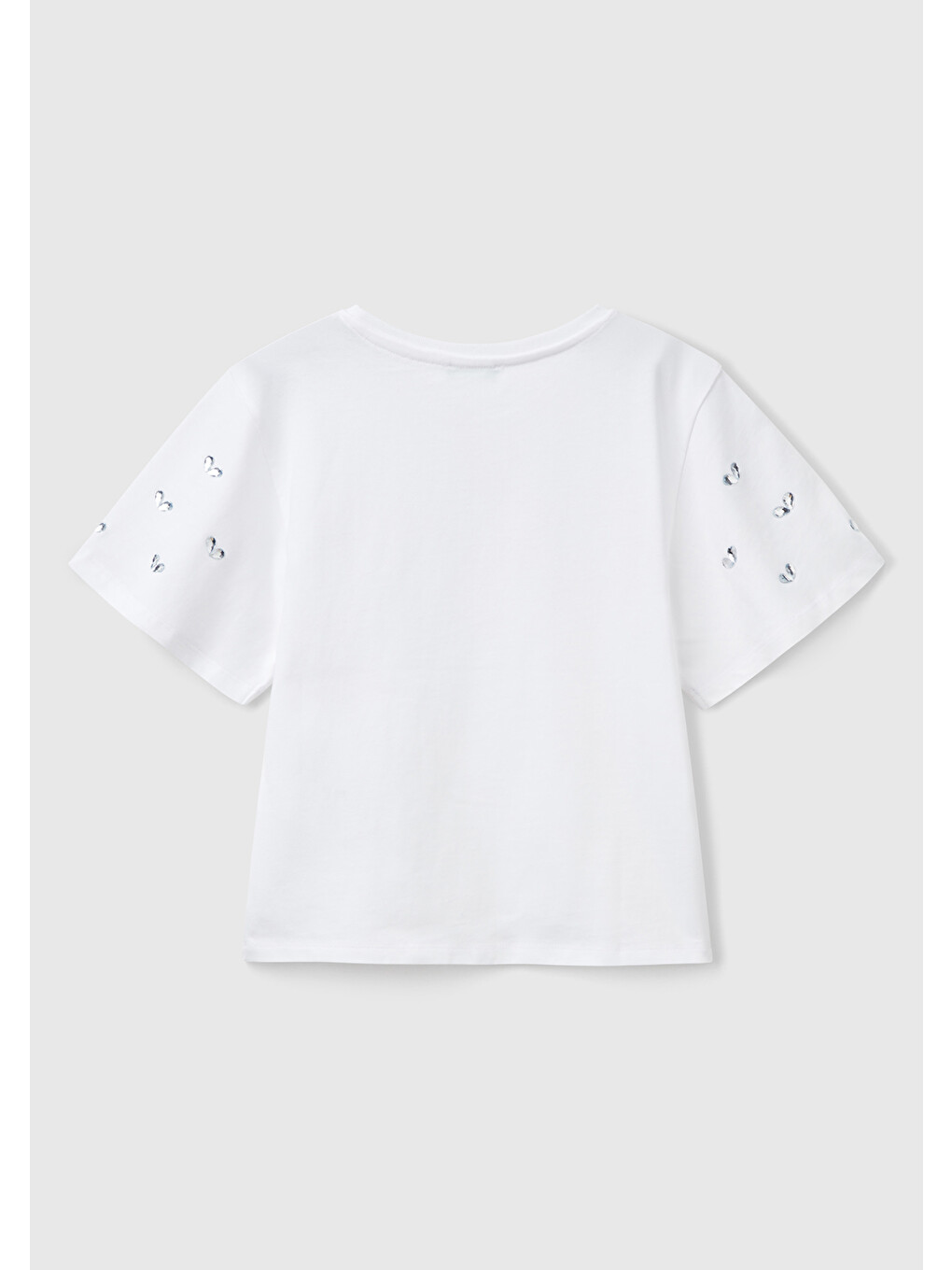 Kız Çocuk Beyaz Kolları Taş Detaylı Ribana Yakalı T-shirt-1