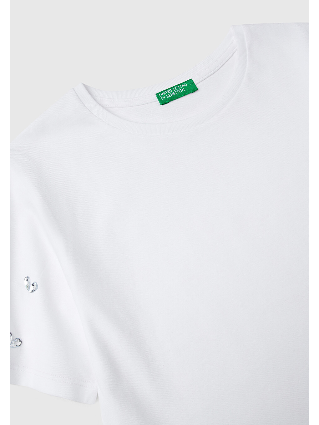 Kız Çocuk Beyaz Kolları Taş Detaylı Ribana Yakalı T-shirt-2