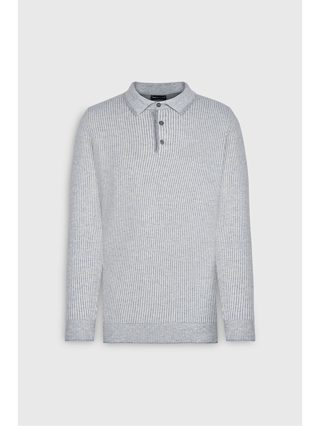 Erkek Gri Melanj Yünlü Sıcak Tutan Standart Fit Normal Kesim Çizgili Polo Yaka Triko Kazak-7