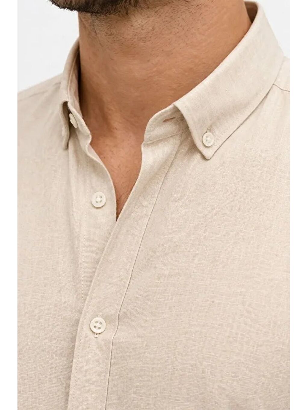 Bej Erkek Keten Kumaş Uzun Kollu Rahat Kalıp Gömlek-1