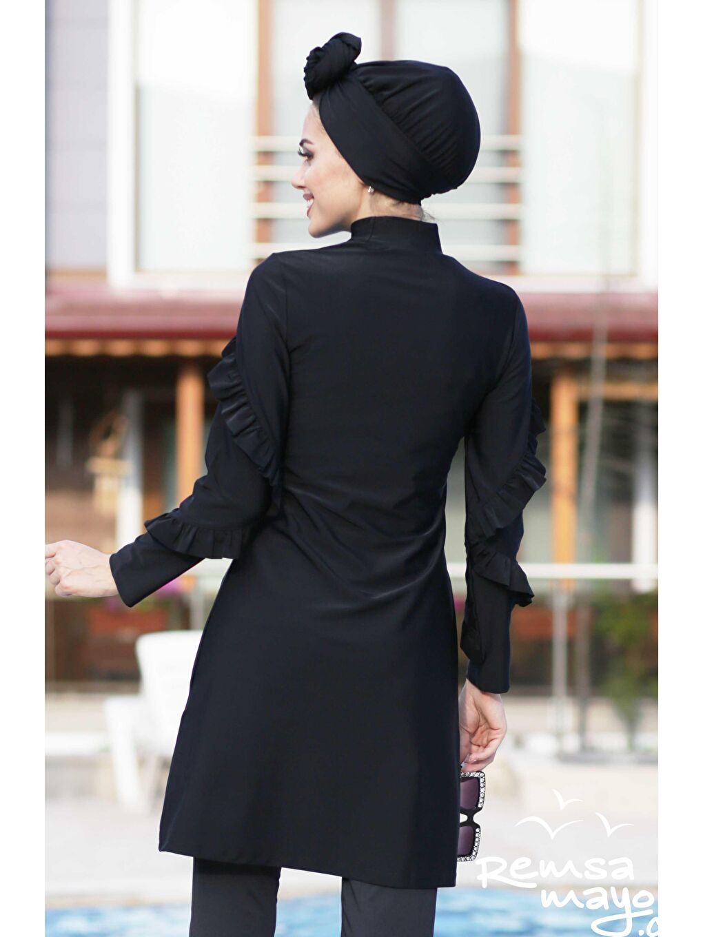 Fırfır Tasarım Likralı Tam Kapalı Tesettür Mayo 4104 Siyah-3