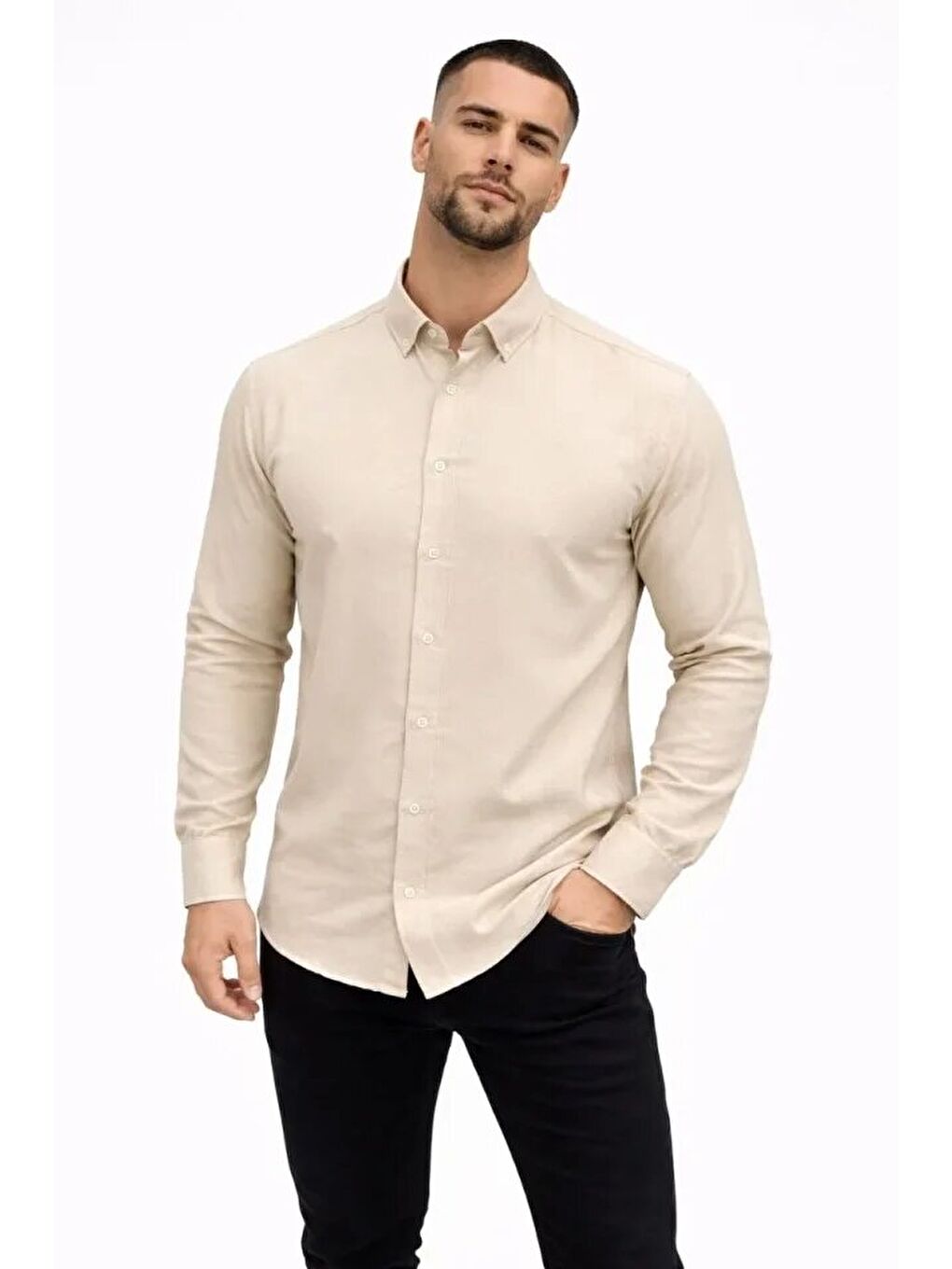 Bej Erkek Keten Kumaş Uzun Kollu Rahat Kalıp Gömlek-2