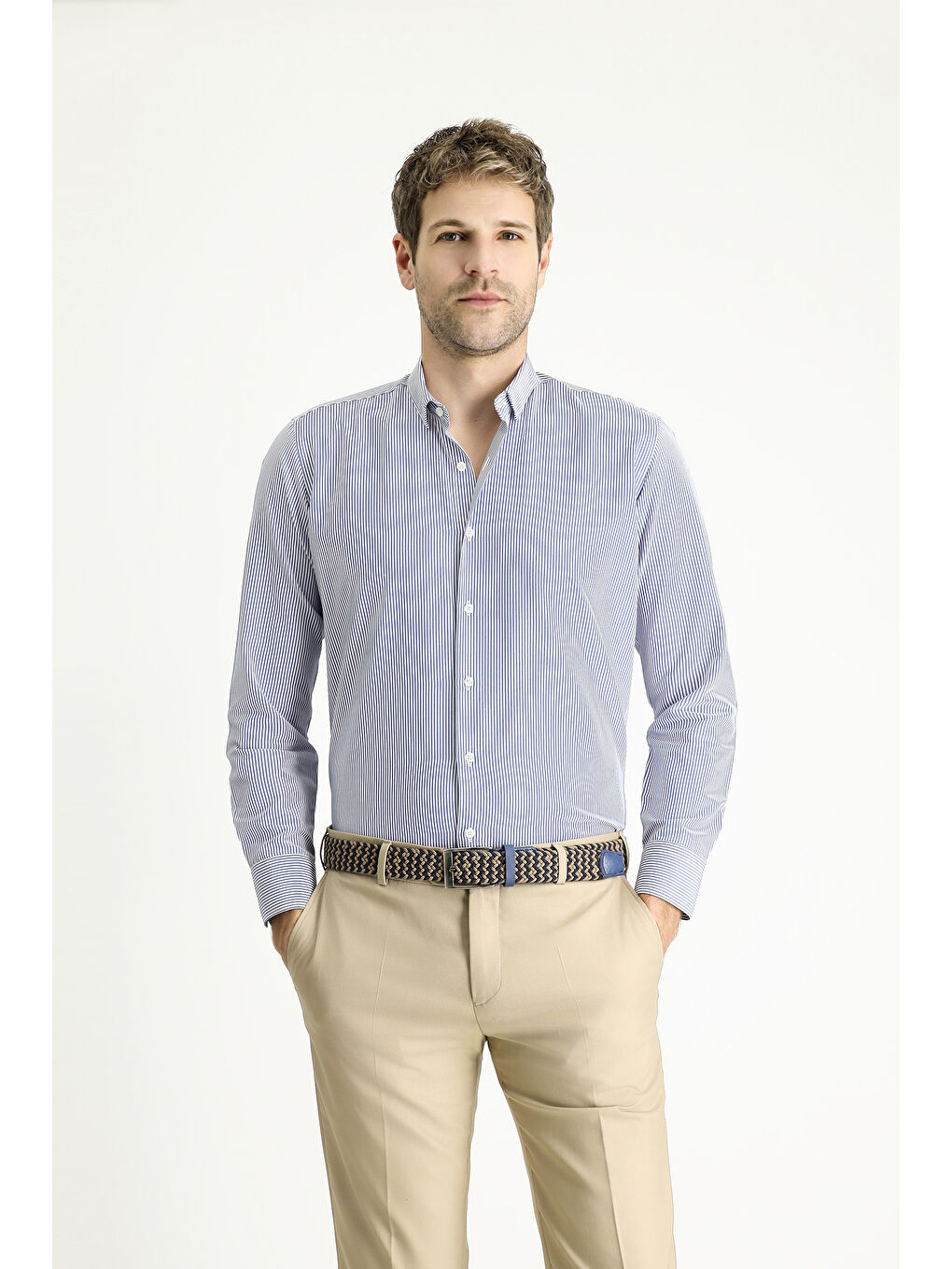 Lacivert Uzun Kol Slim Fit Dar Kesim Çizgili Pamuklu Kolay Ütülenebilir Gömlek