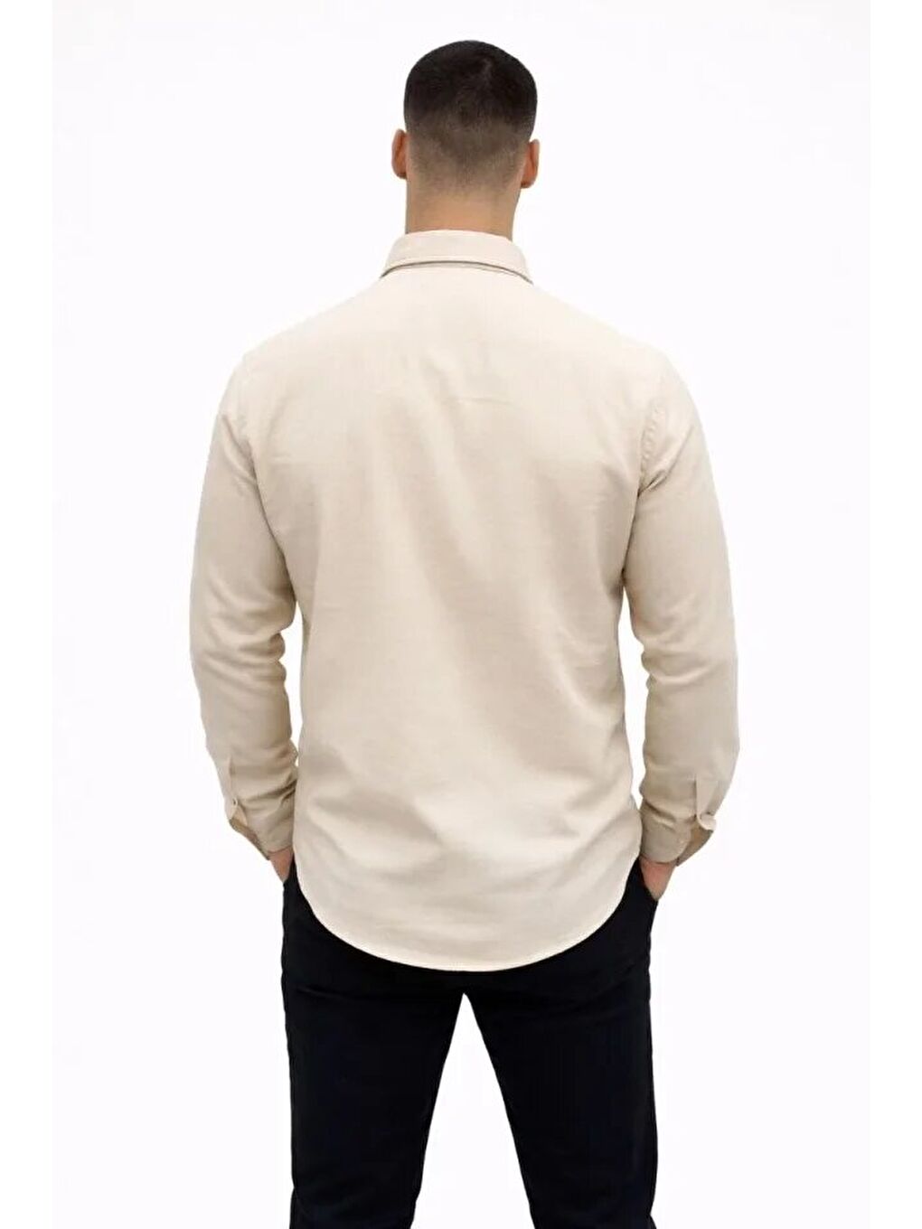 Bej Erkek Keten Kumaş Uzun Kollu Rahat Kalıp Gömlek-3