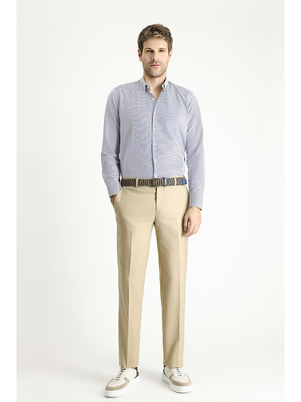 Lacivert Uzun Kol Slim Fit Dar Kesim Çizgili Pamuklu Kolay Ütülenebilir Gömlek-1