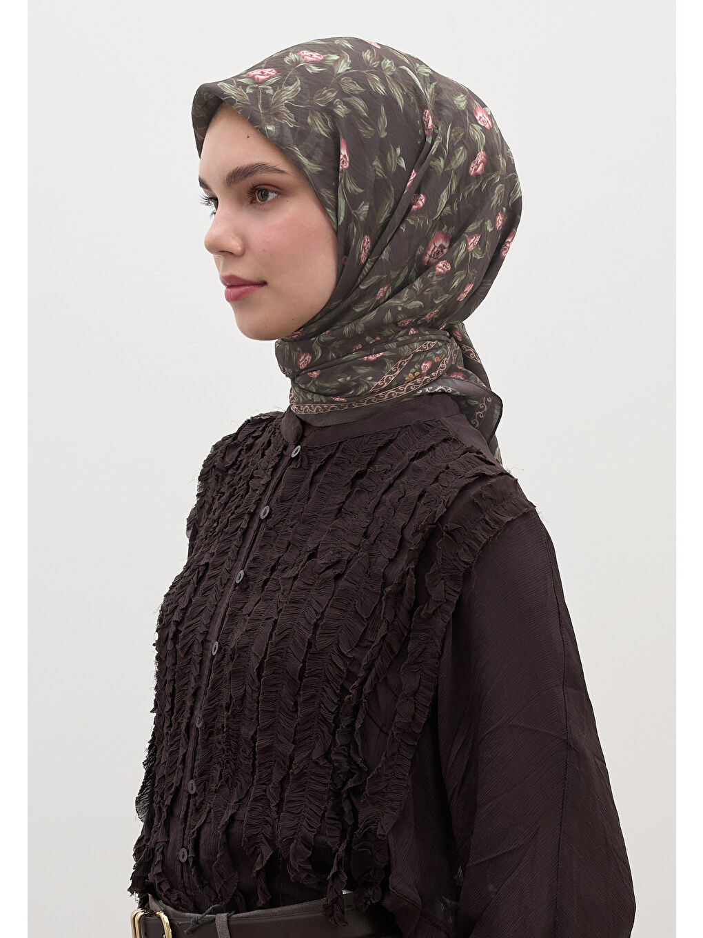 Sarı LEANA DESEN PAMUKLU VİSKON EŞARP ÇİKOLATA KAHVE-2