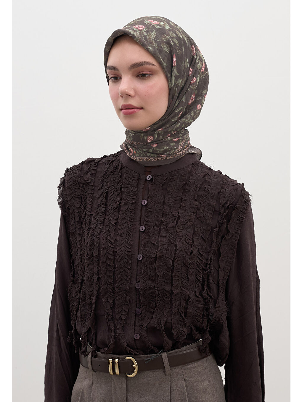 Sarı LEANA DESEN PAMUKLU VİSKON EŞARP ÇİKOLATA KAHVE-3