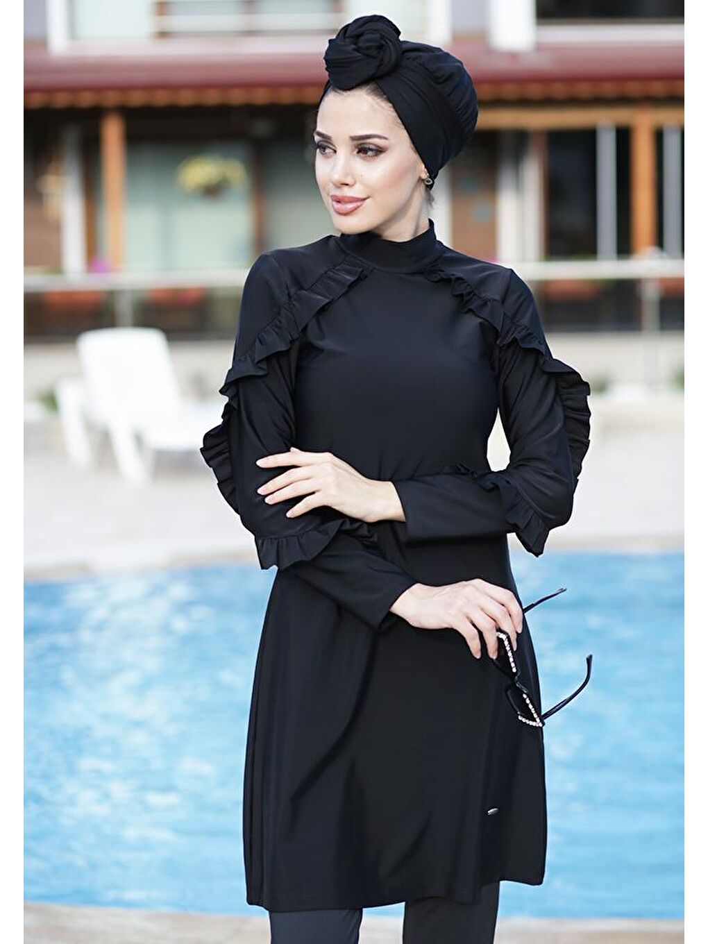 Fırfır Tasarım Likralı Tam Kapalı Tesettür Mayo 4104 Siyah-4