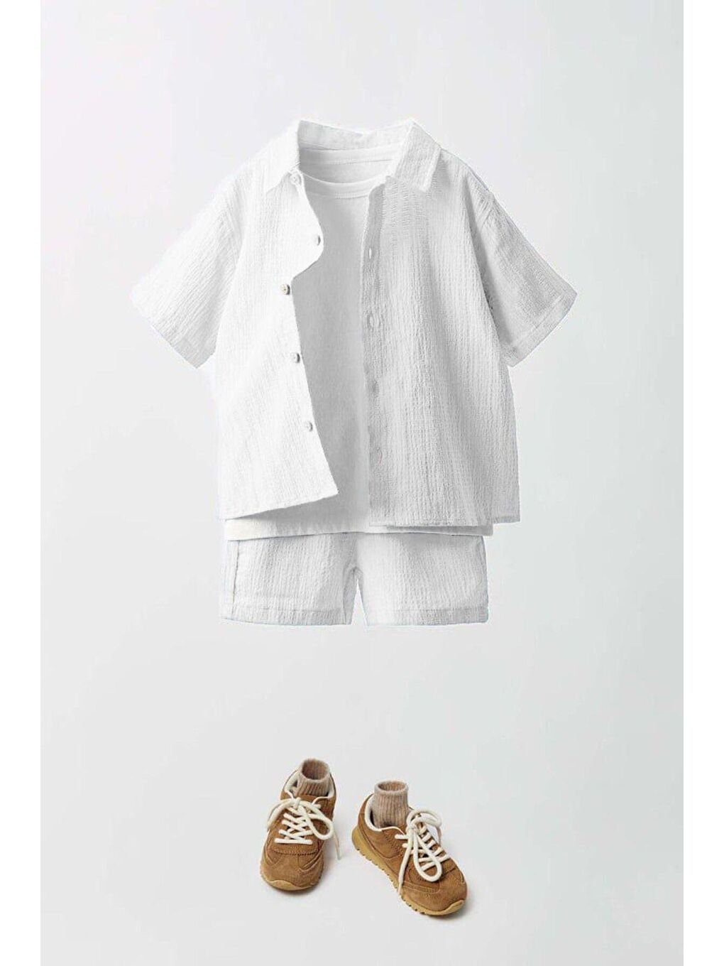 Erkek Çocuk Dokuma Gömlek Bermuda Şort Beyaz T-Shirt Alt-Üst 3'Lü Takım