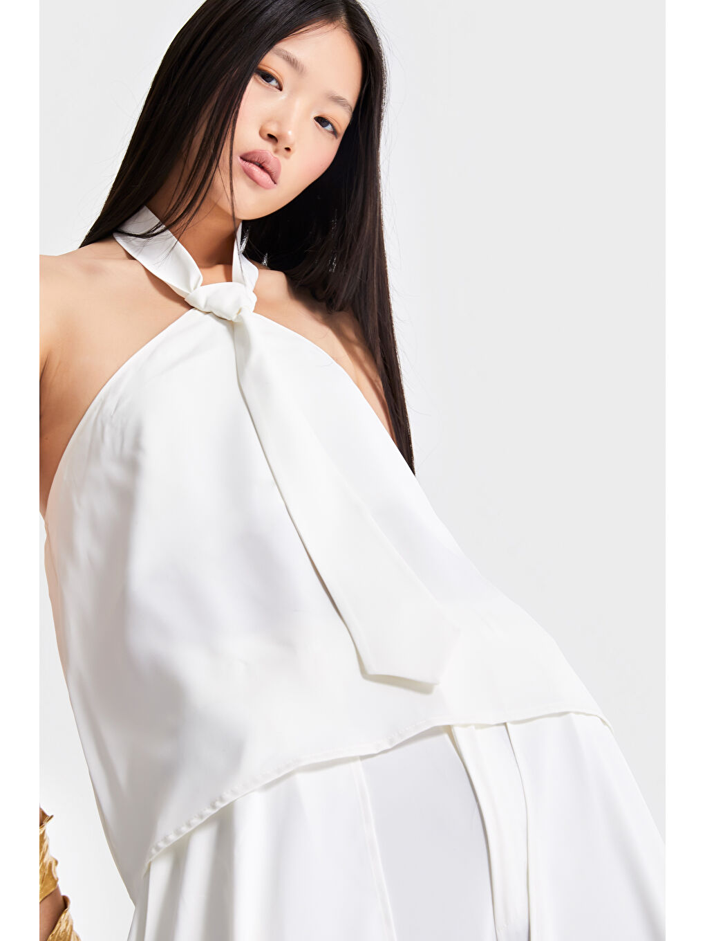 Kadın Ekru Renk Straptez Özel Kumaş Kravat Detaylı Tasarım Bluz-2