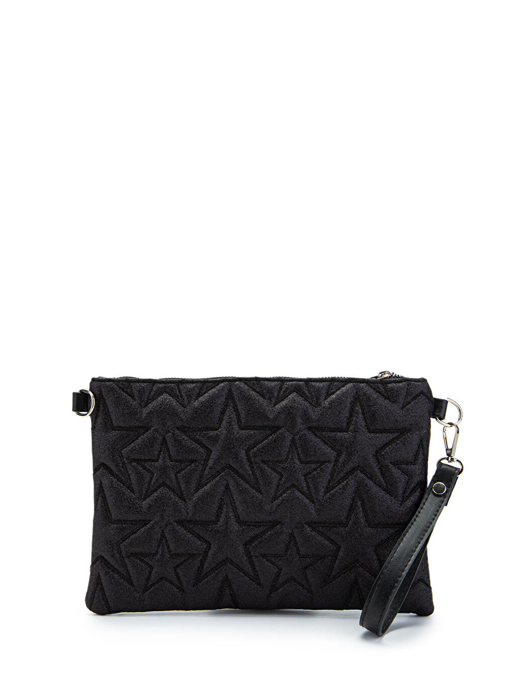 Gri Yıldız Dikişli Clutch Star Kadın Çanta Simli Siyah-1