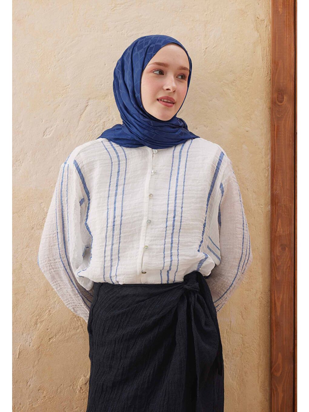 Dıamond Jakarlı Şal Koyu Mavi-2