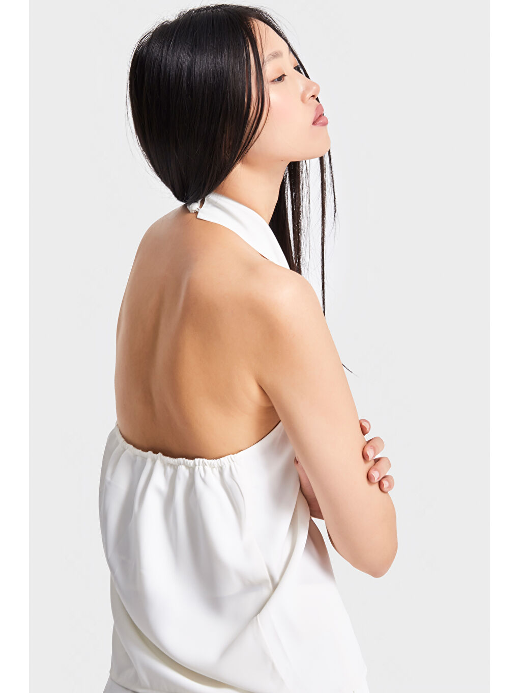 Kadın Ekru Renk Straptez Özel Kumaş Kravat Detaylı Tasarım Bluz-3