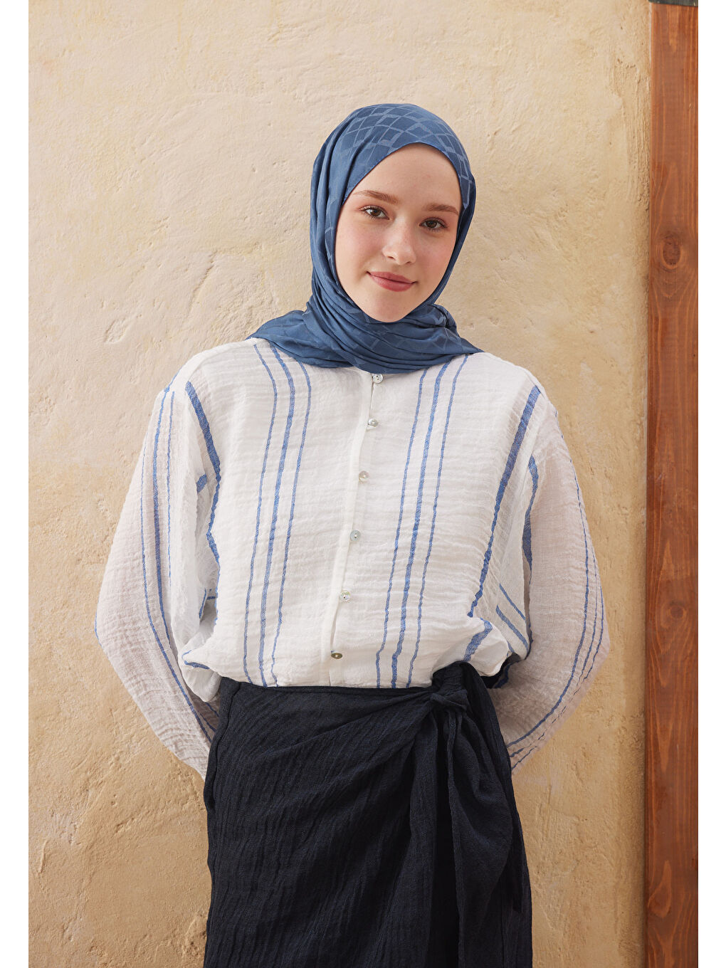 Dıamond Jakarlı Şal Koyu Mavi-4