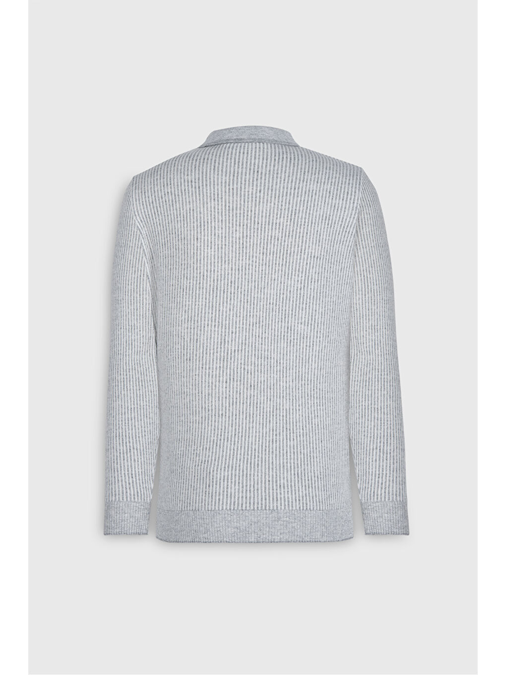 Erkek Gri Melanj Yünlü Sıcak Tutan Standart Fit Normal Kesim Çizgili Polo Yaka Triko Kazak-10