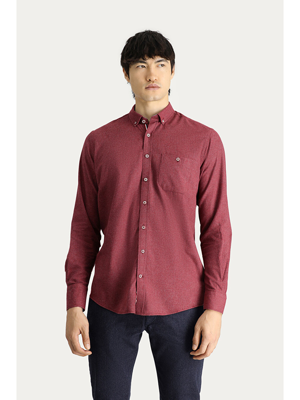 Bordo Uzun Kol Regular Fit Oduncu Düğmeli Yaka Gömlek-1
