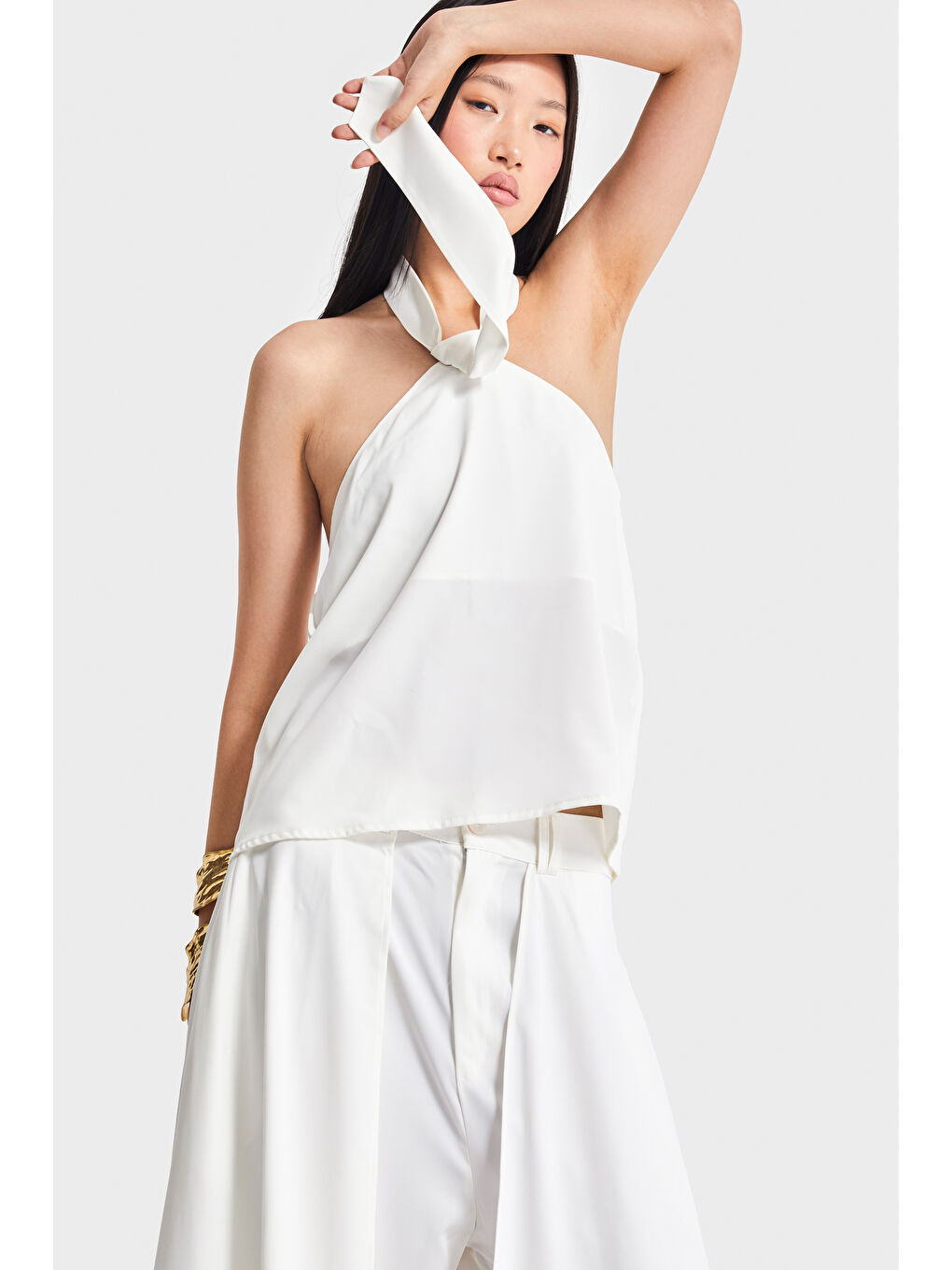 Kadın Ekru Renk Straptez Özel Kumaş Kravat Detaylı Tasarım Bluz-5