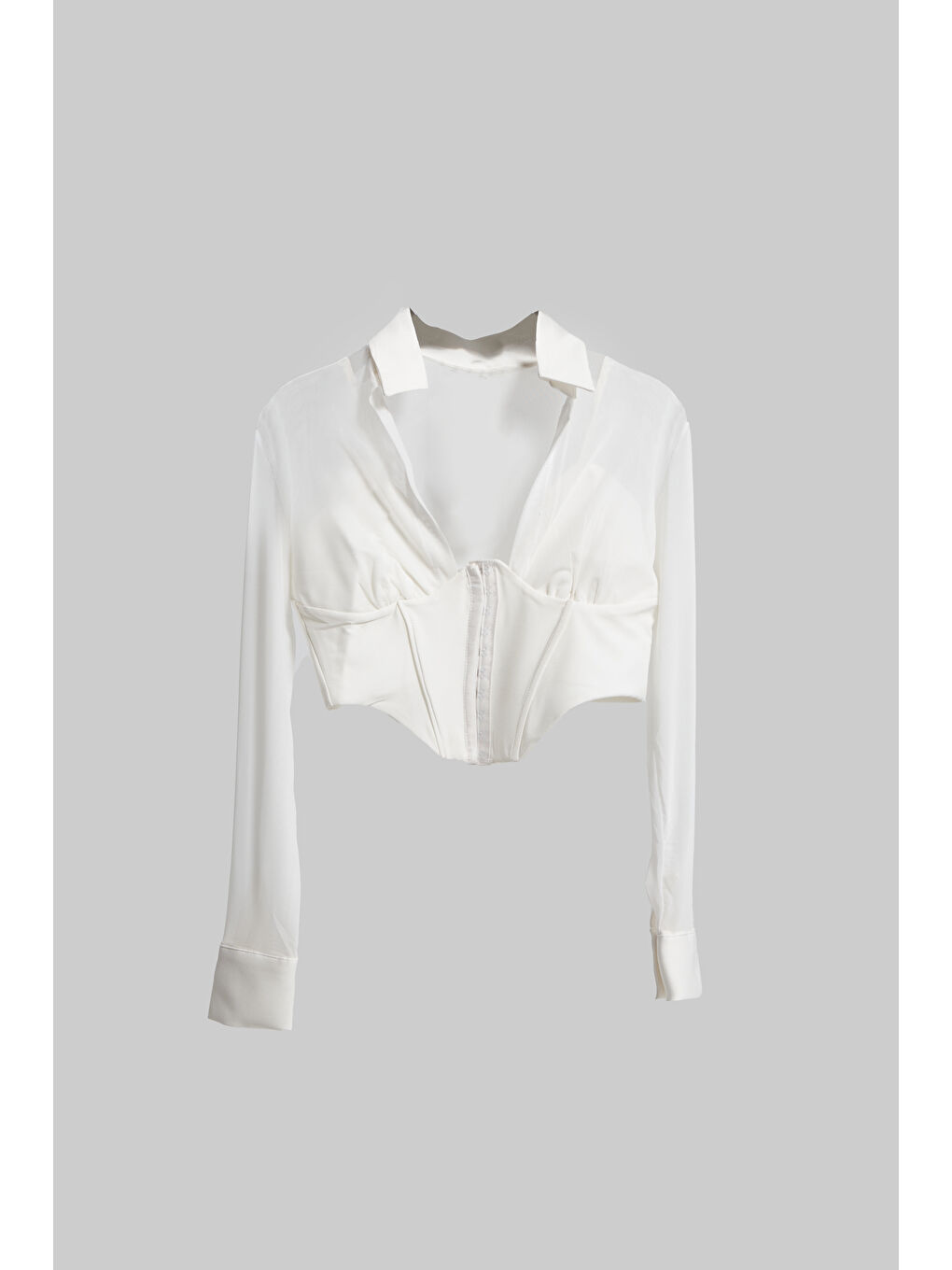 Kadın Ekru Renk Tül Detaylı Belden Oturmalı Uzun Kol Özel Tasarım Crop Top-1