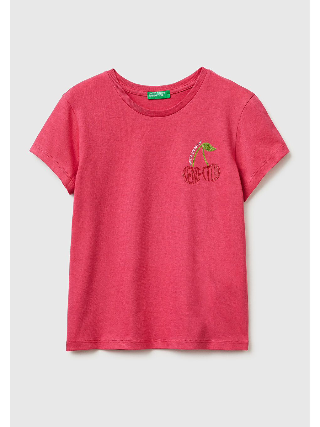 Kız Çocuk Koyu Pembe Simli Logolu Bisiklet Yaka T-Shirt