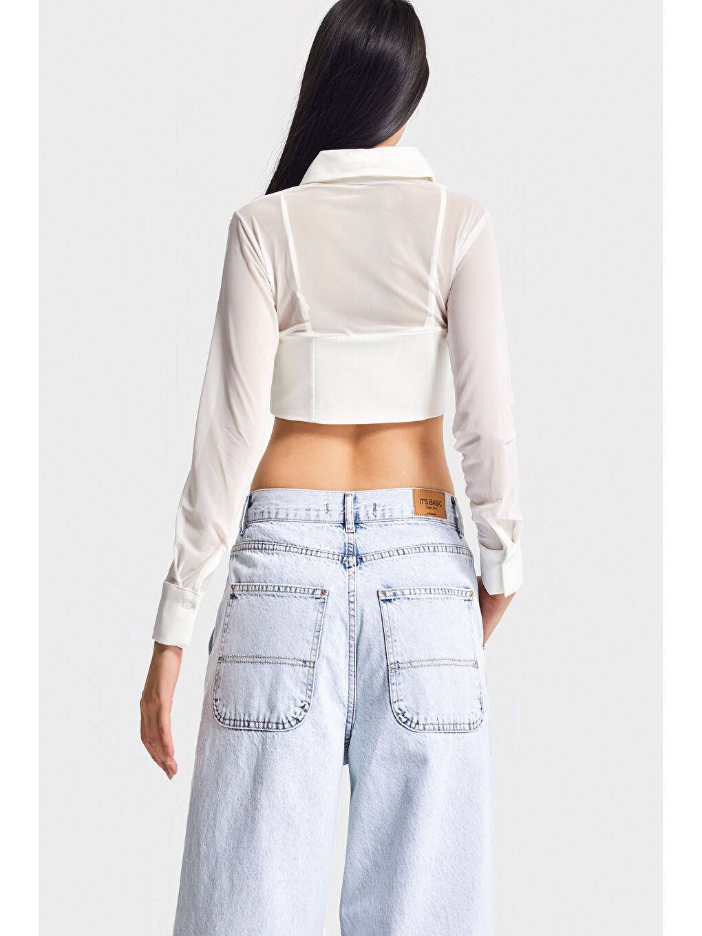 Kadın Ekru Renk Tül Detaylı Belden Oturmalı Uzun Kol Özel Tasarım Crop Top-3