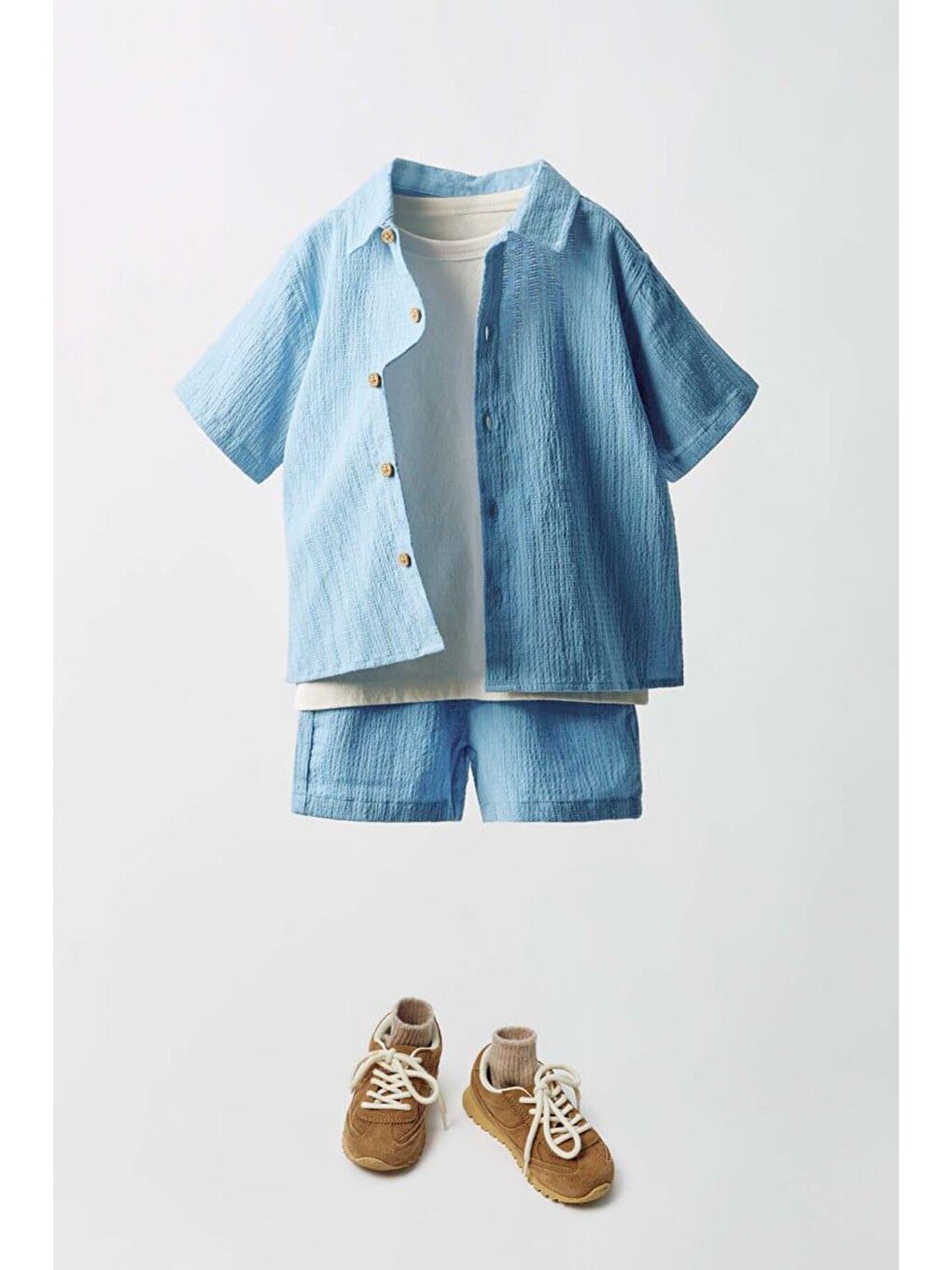 Mavi Erkek Çocuk Dokuma Gömlek Bermuda Şort Beyaz T-Shirt Alt-Üst 3'Lü Takım