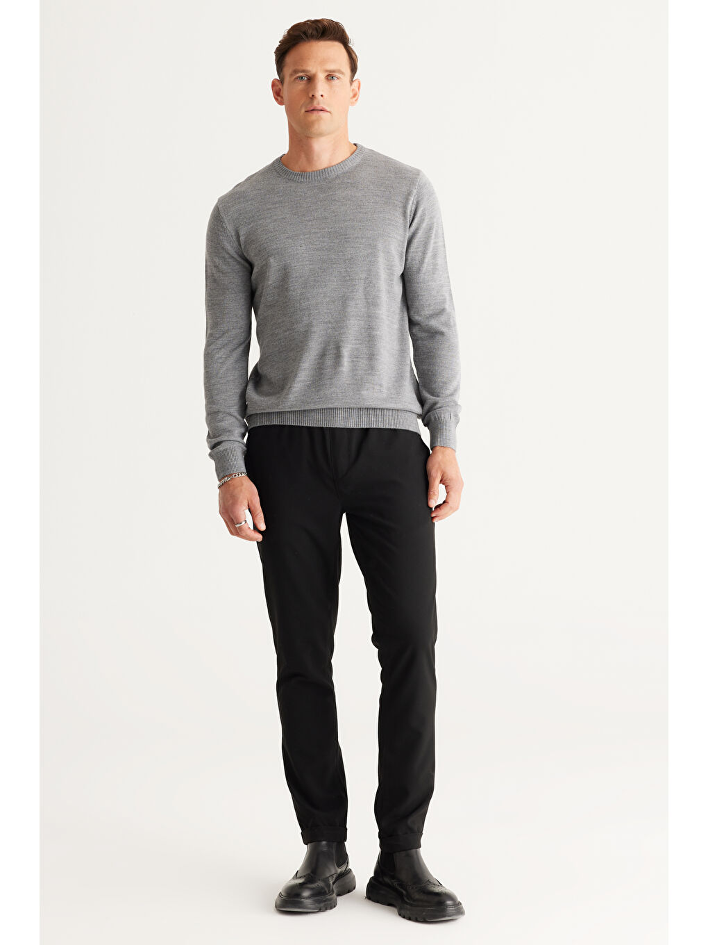 Erkek Gri Melanj Bisiklet Yaka Triko Kazak-3