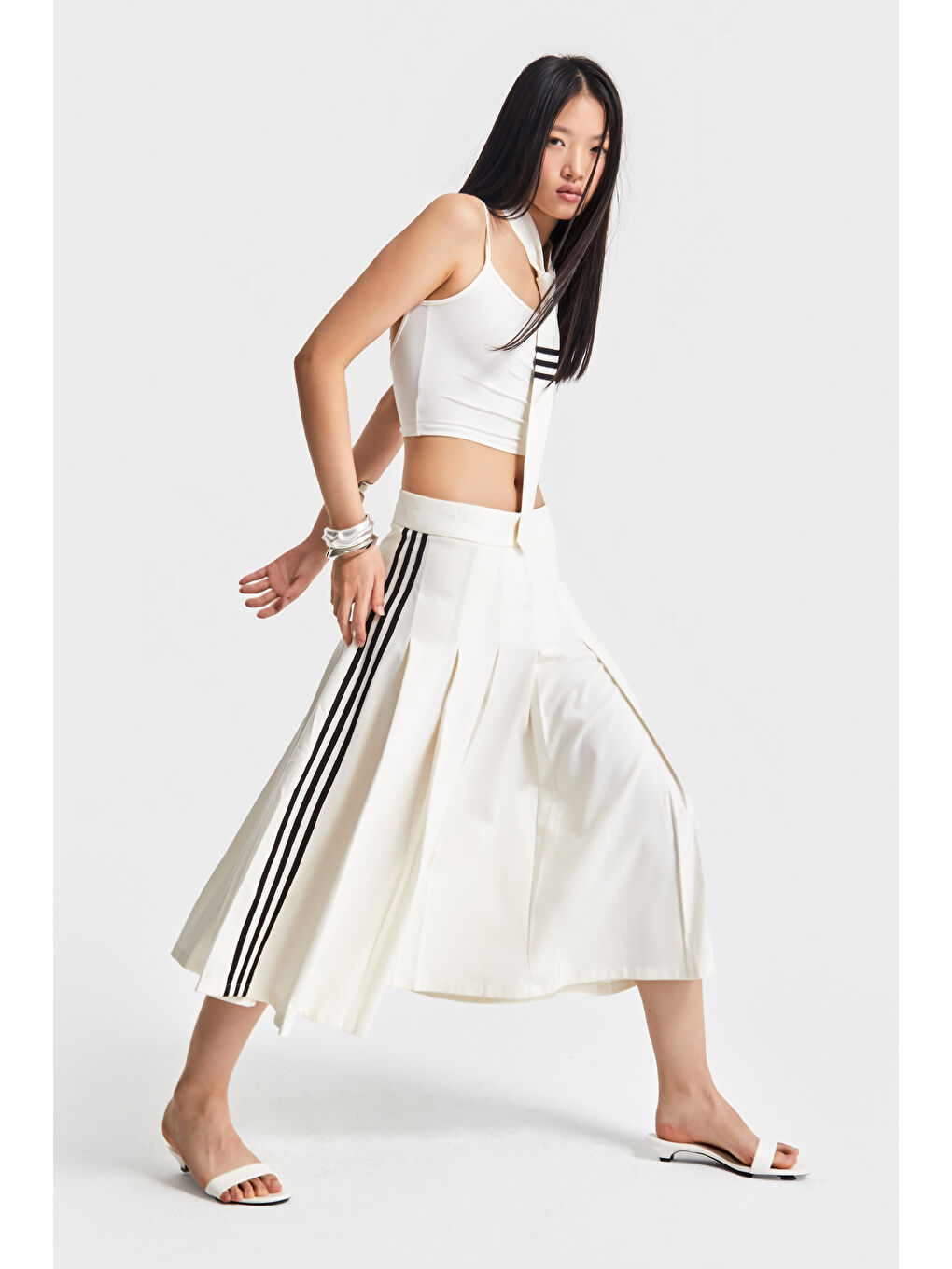 Bej Kadın Ekru Renk Pileli Yandan Şerit Detaylı Kravatlı 2'li Kombin Özel Tasarım Kumaş Etek-2