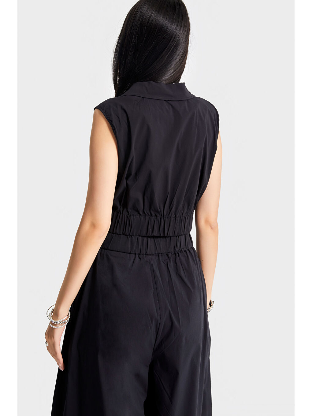 Kadın Siyah Renk Sıfır Kol Yakalı Kemeri Lastlikli Crop Tasarım Gömlek-5