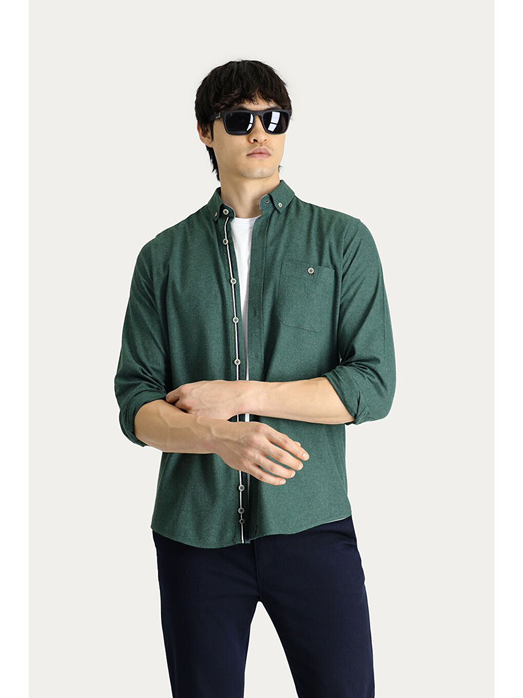 Yeşil Uzun Kol Regular Fit Düğmeli Yaka Gömlek-1