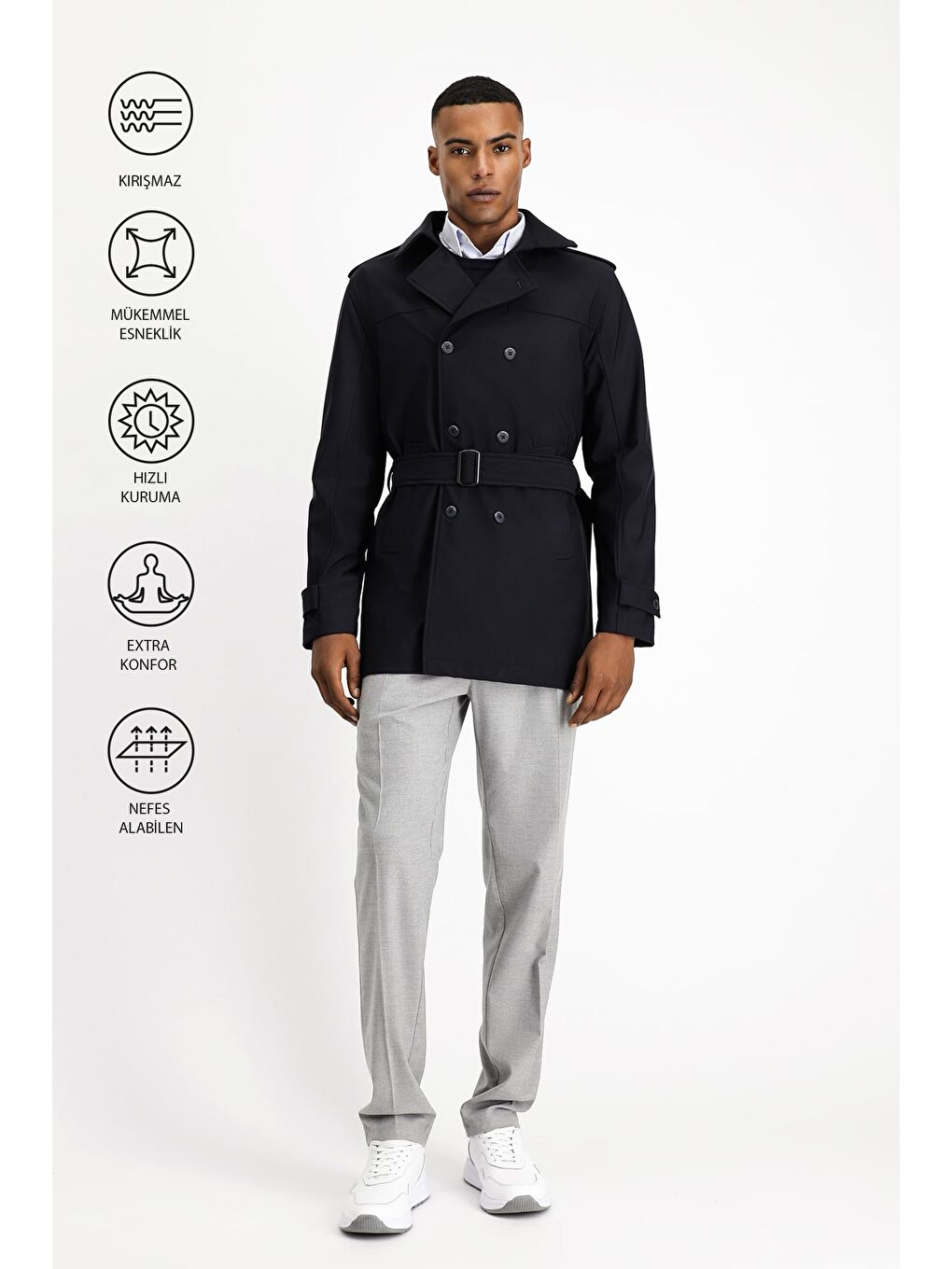 Lacivert Techno-Line Kruvaze Pardösü & Trençkot