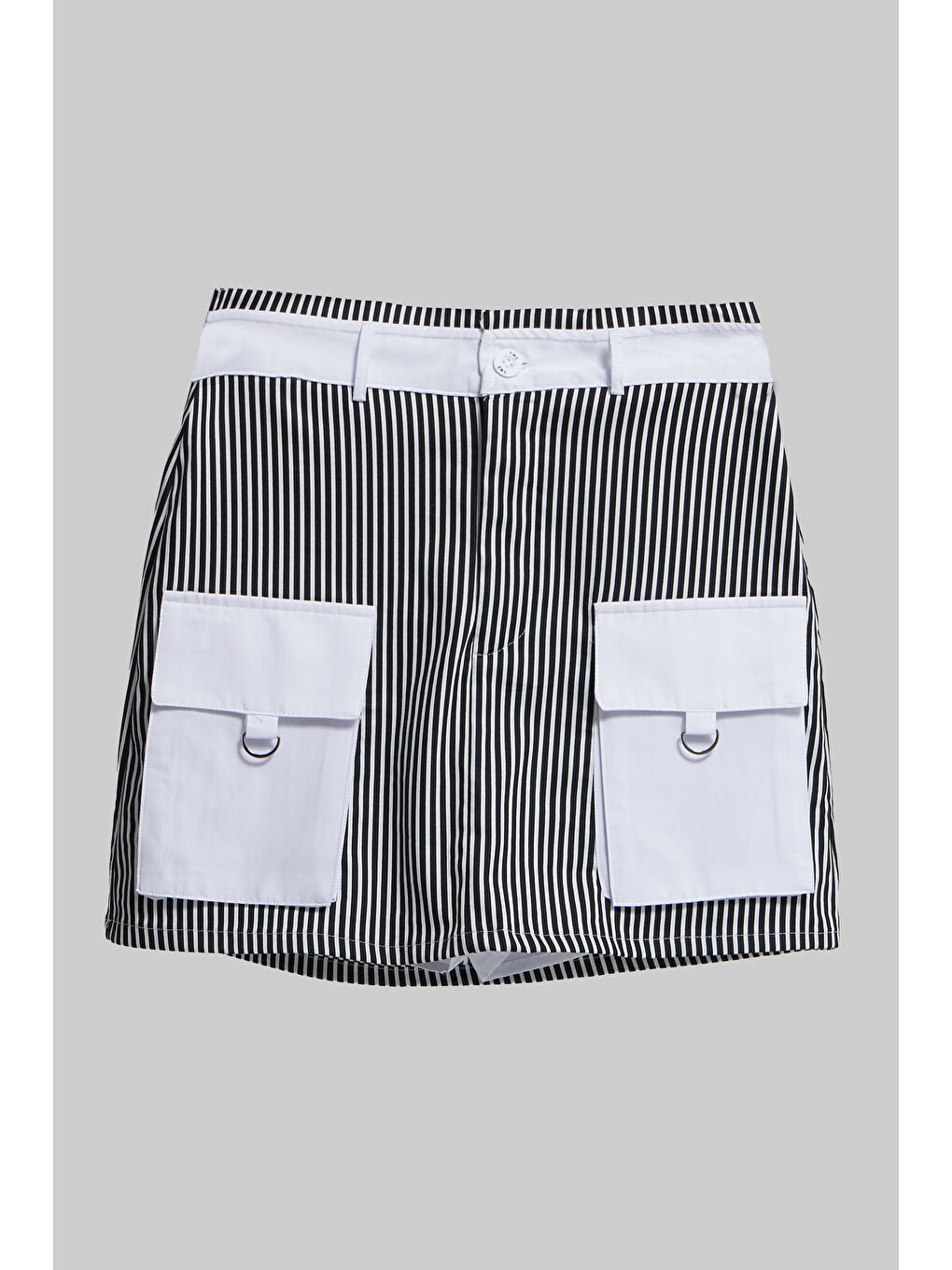 Kadın Siyah Beyaz Çizgili Renk Torba Cep Detaylı Mini Boy Özel Tasarım Etek-1