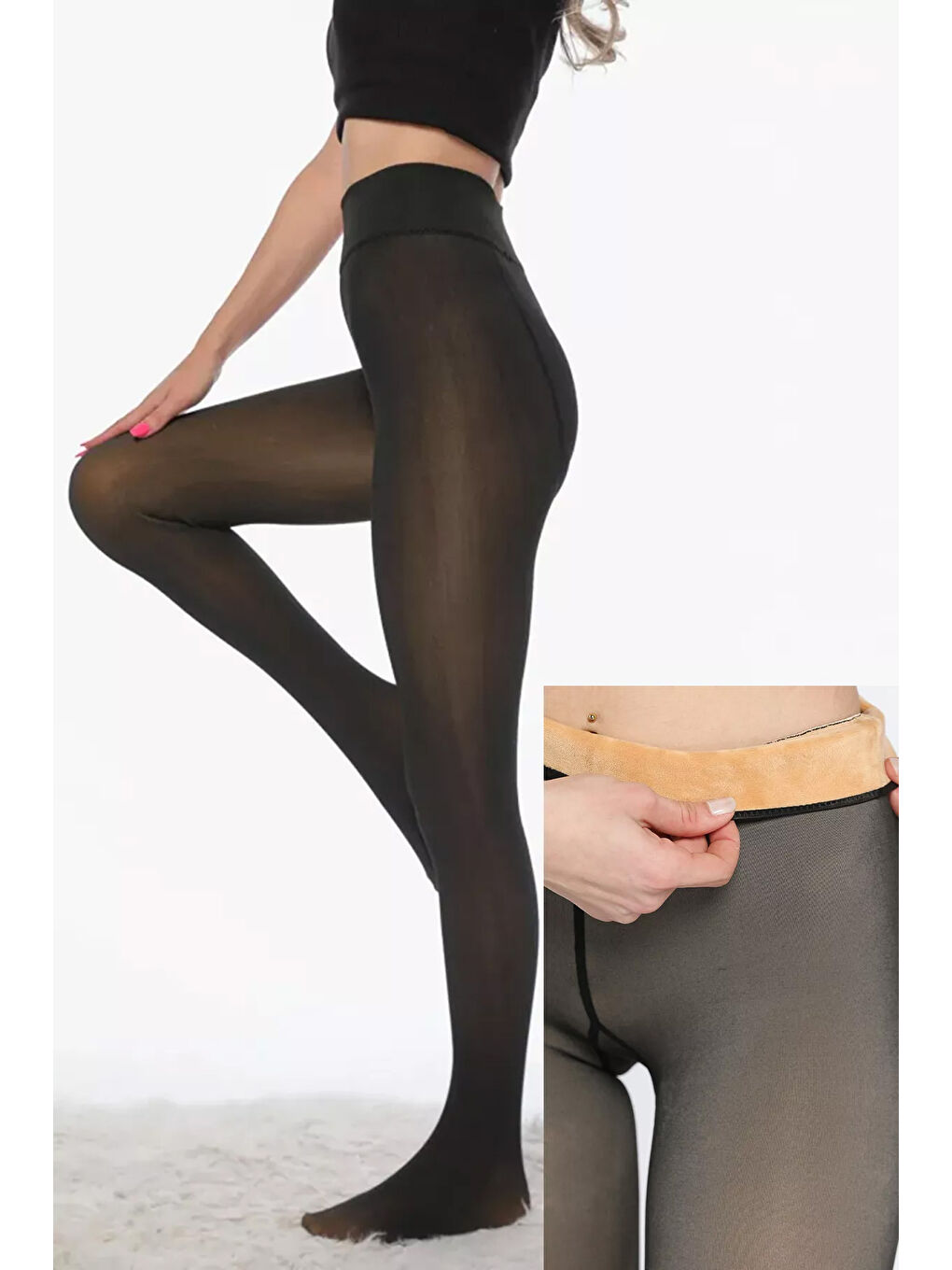 Siyah Kadın İçi Pelüşlü Kışlık Termal Ten Görünümlü Tayt-2