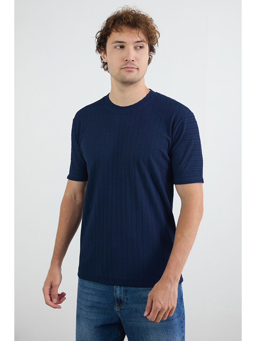 Lacivert Waffle Kumaş Bisiklet Yaka Tişört-1