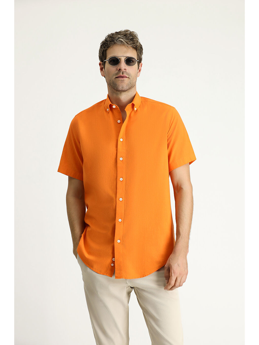 Turuncu Kısa Kol Regular Fit Spor Pamuk Düğmeli Yaka Gömlek