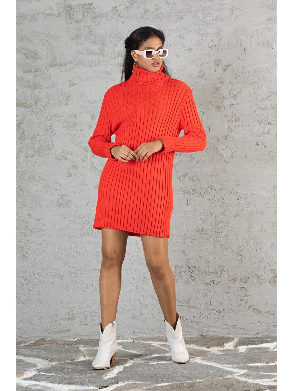 Turuncu Kadın Balıkçı Yaka Fitilli Triko Tunik 11011