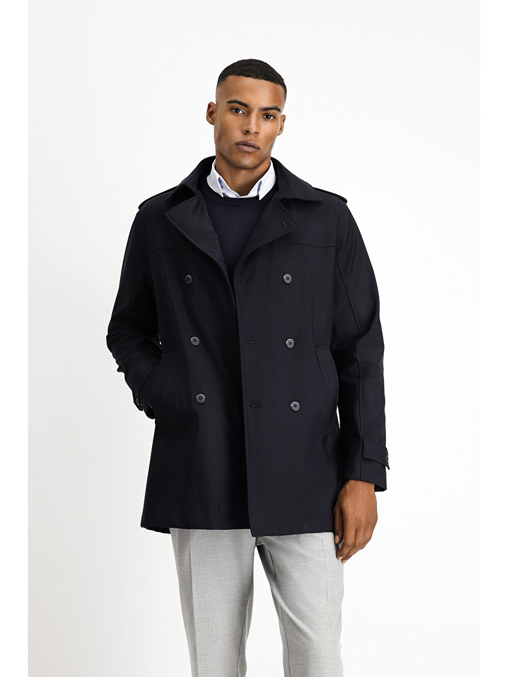 Lacivert Techno-Line Kruvaze Pardösü & Trençkot-3