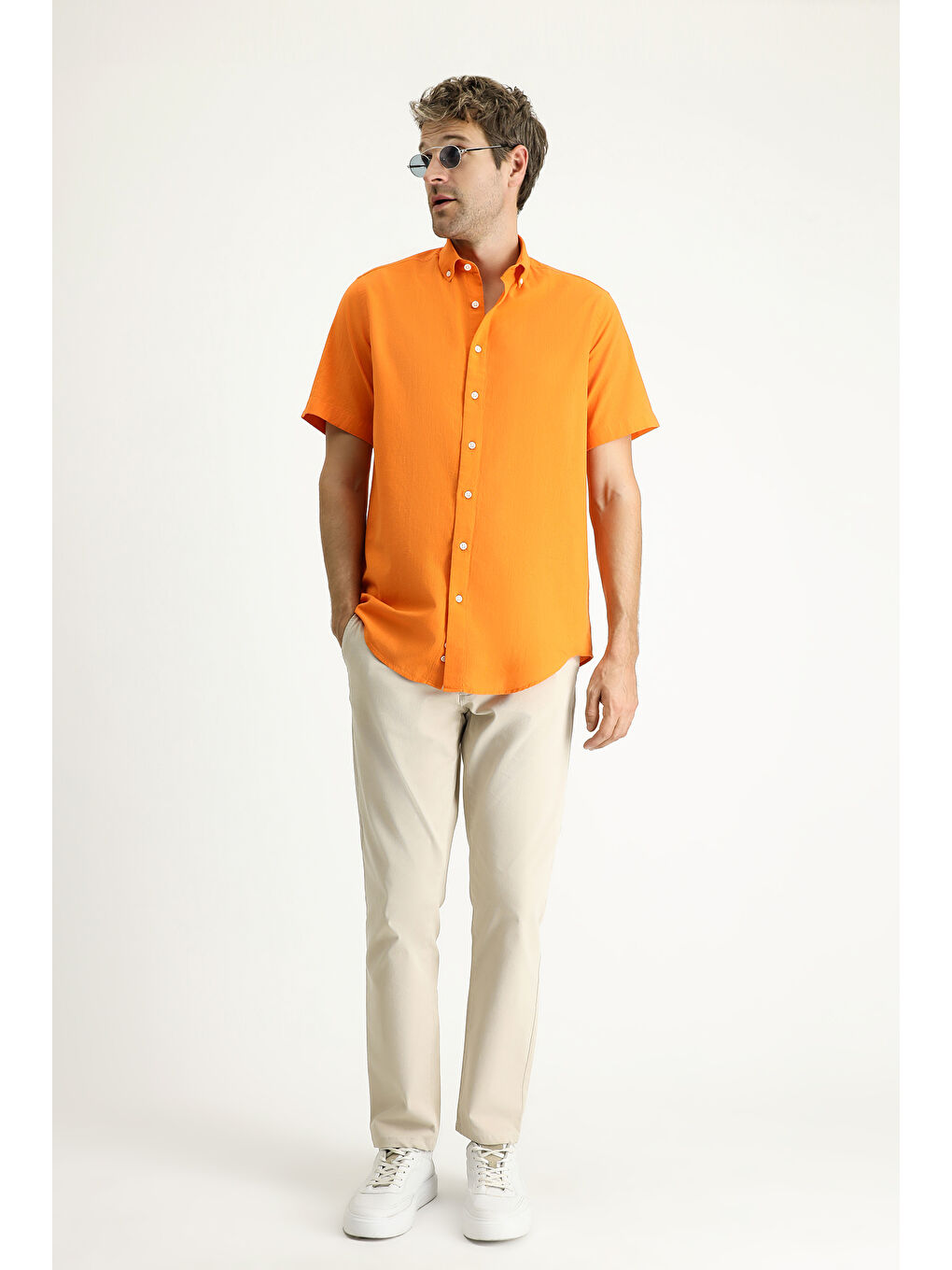 Turuncu Kısa Kol Regular Fit Spor Pamuk Düğmeli Yaka Gömlek-1