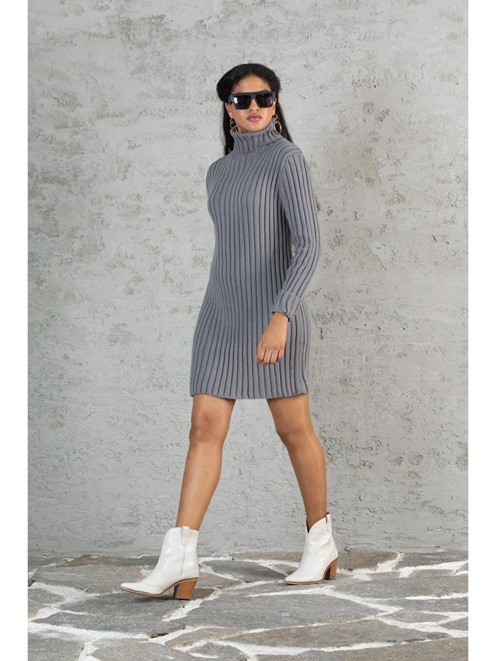 Gri Kadın Balıkçı Yaka Fitilli Triko Tunik 11011