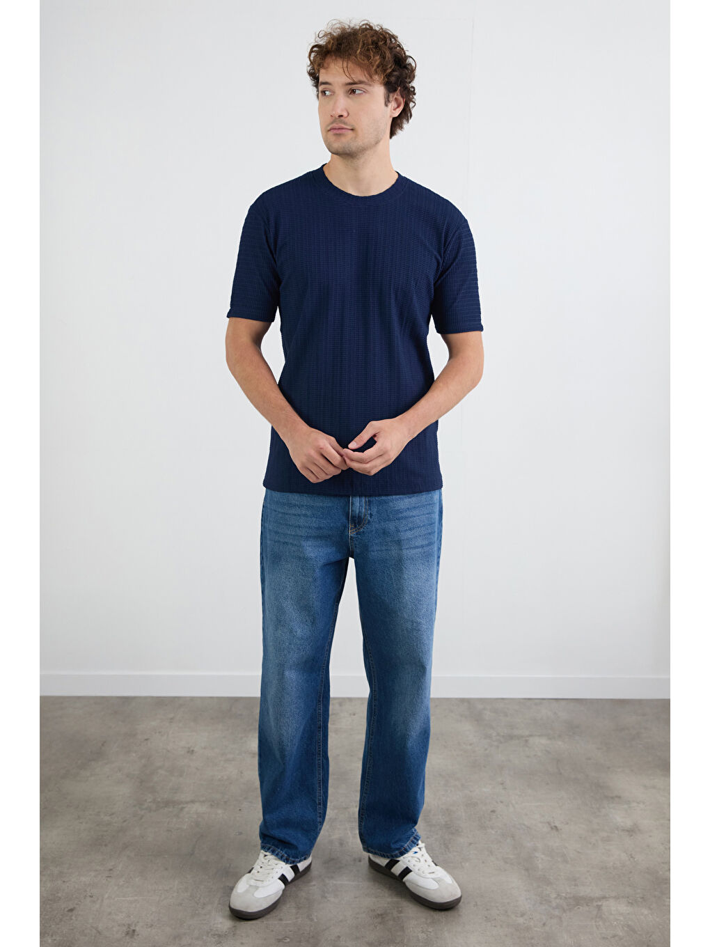 Lacivert Waffle Kumaş Bisiklet Yaka Tişört-2