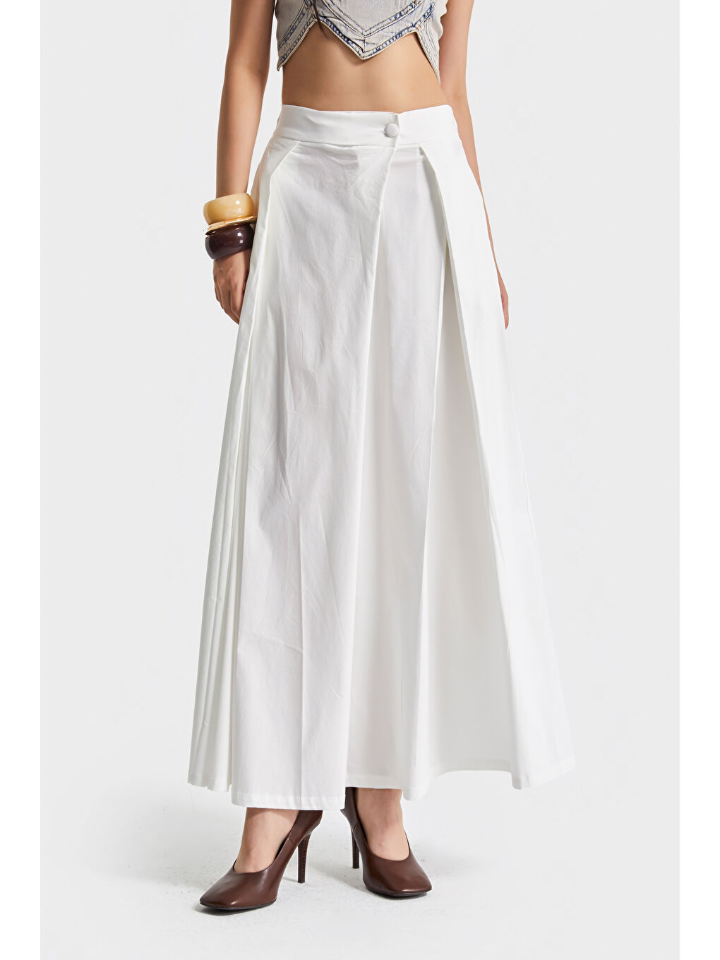 Kadın Ekru Renk Süper Palazzo Fit Özel Kumaş Pileli Tasarım Pantolon-2