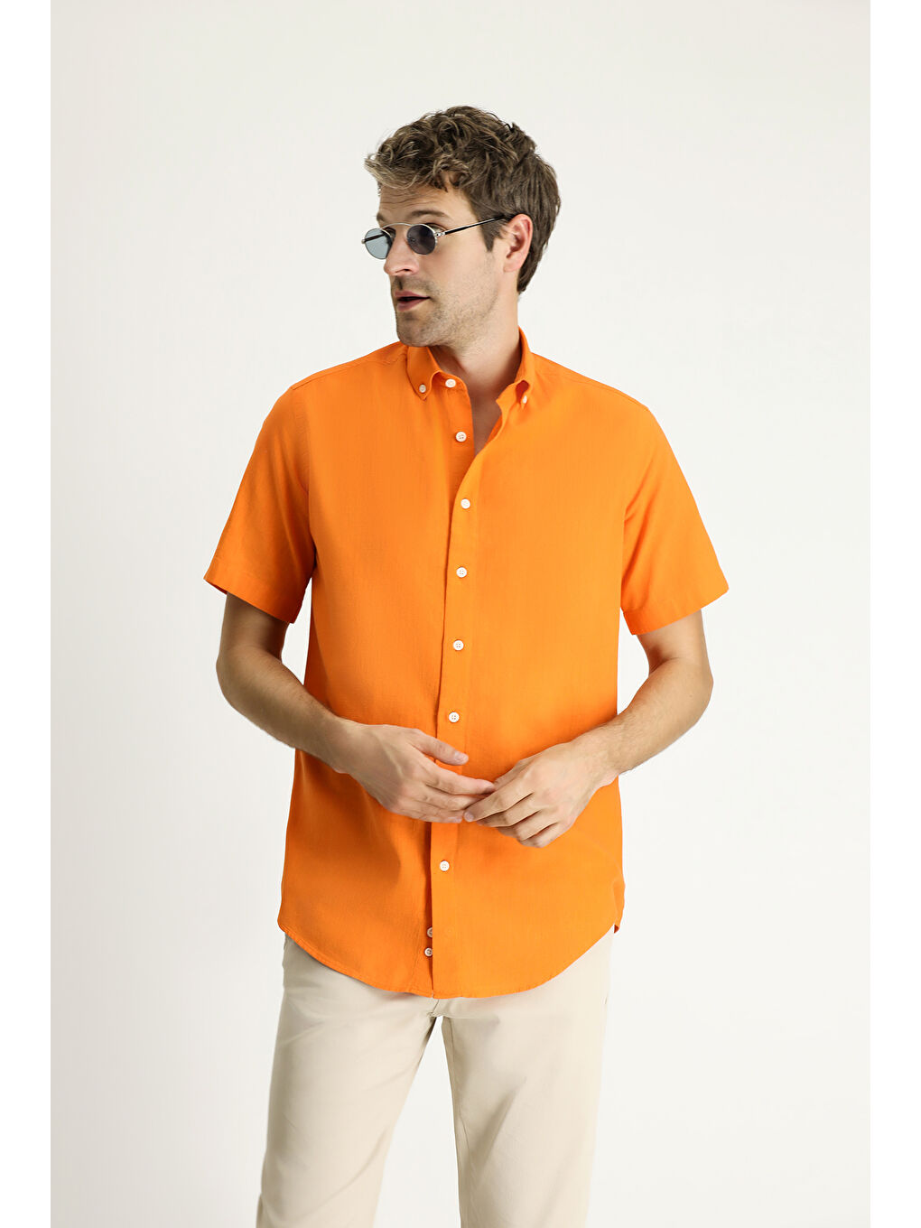 Turuncu Kısa Kol Regular Fit Spor Pamuk Düğmeli Yaka Gömlek-2