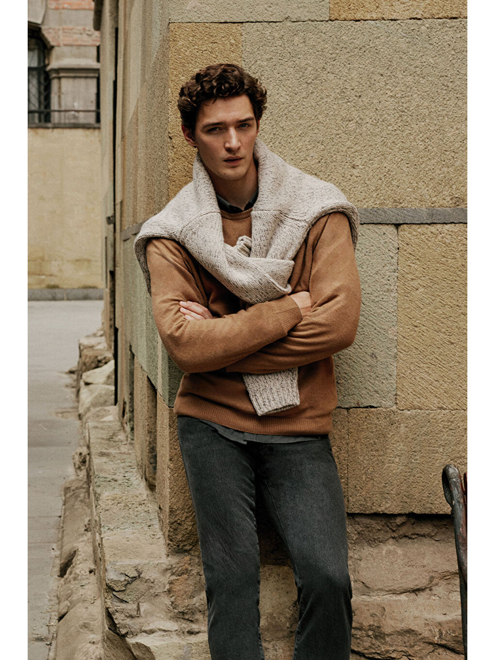 Bej Erkek Vizon Pamuklu Standart Fit Normal Kesim Selanik Örgü Bisiklet Yaka Triko Kazak